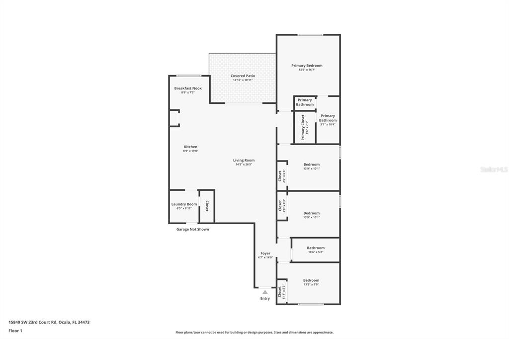 This is a floor plan for a single-story house with four bedrooms and a living room — 63 REDWOOD ROAD, OCALA, FL