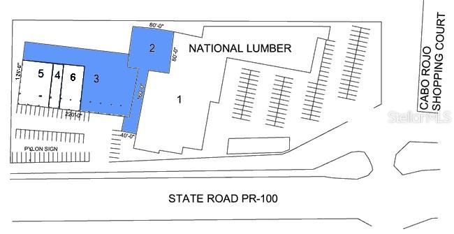 This is a site plan showing the layout of a shopping center with numbered units — State Road PR 100 KM 6.7 INT. PR 102, CABO ROJO, PR