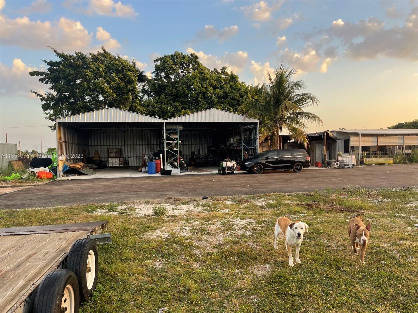 An open-sided metal storage building sits on a paved lot with two dogs in the foreground — 17801 SW 197 Ave, Miami FL 33187, MIAMI, FL