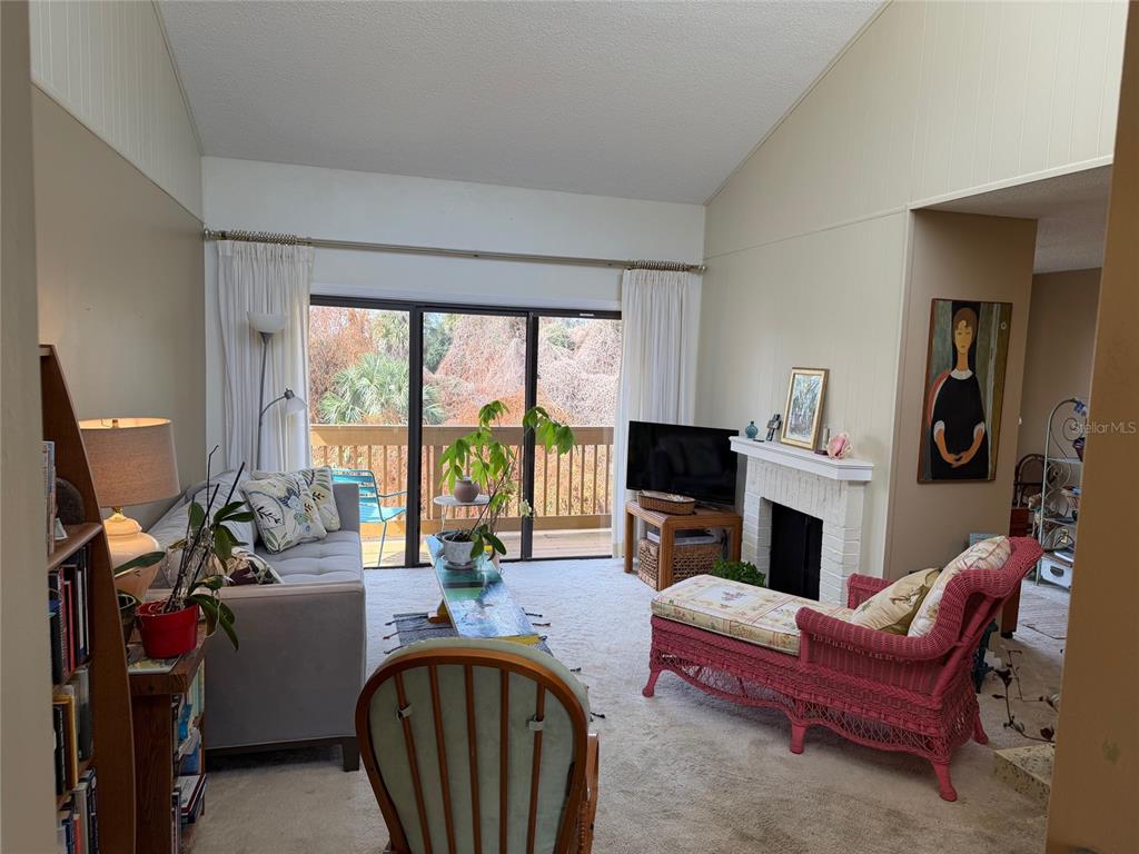 A living room features a vaulted ceiling, a brick fireplace, and a sliding glass door — 1051 S HIGHLAND STREET UNIT 3D, MOUNT DORA, FL