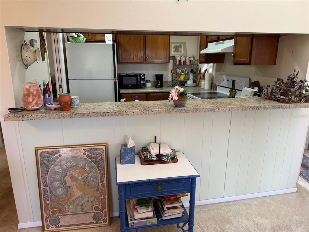 A kitchen with wood cabinets and a pass-through counter overlooks a living area — 1051 S HIGHLAND STREET UNIT 3D, MOUNT DORA, FL