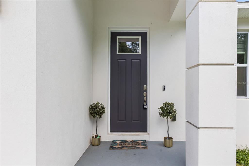 A dark gray front door with a small window is centered between two potted topiaries — 1747 S OAK STREET, SEFFNER, FL