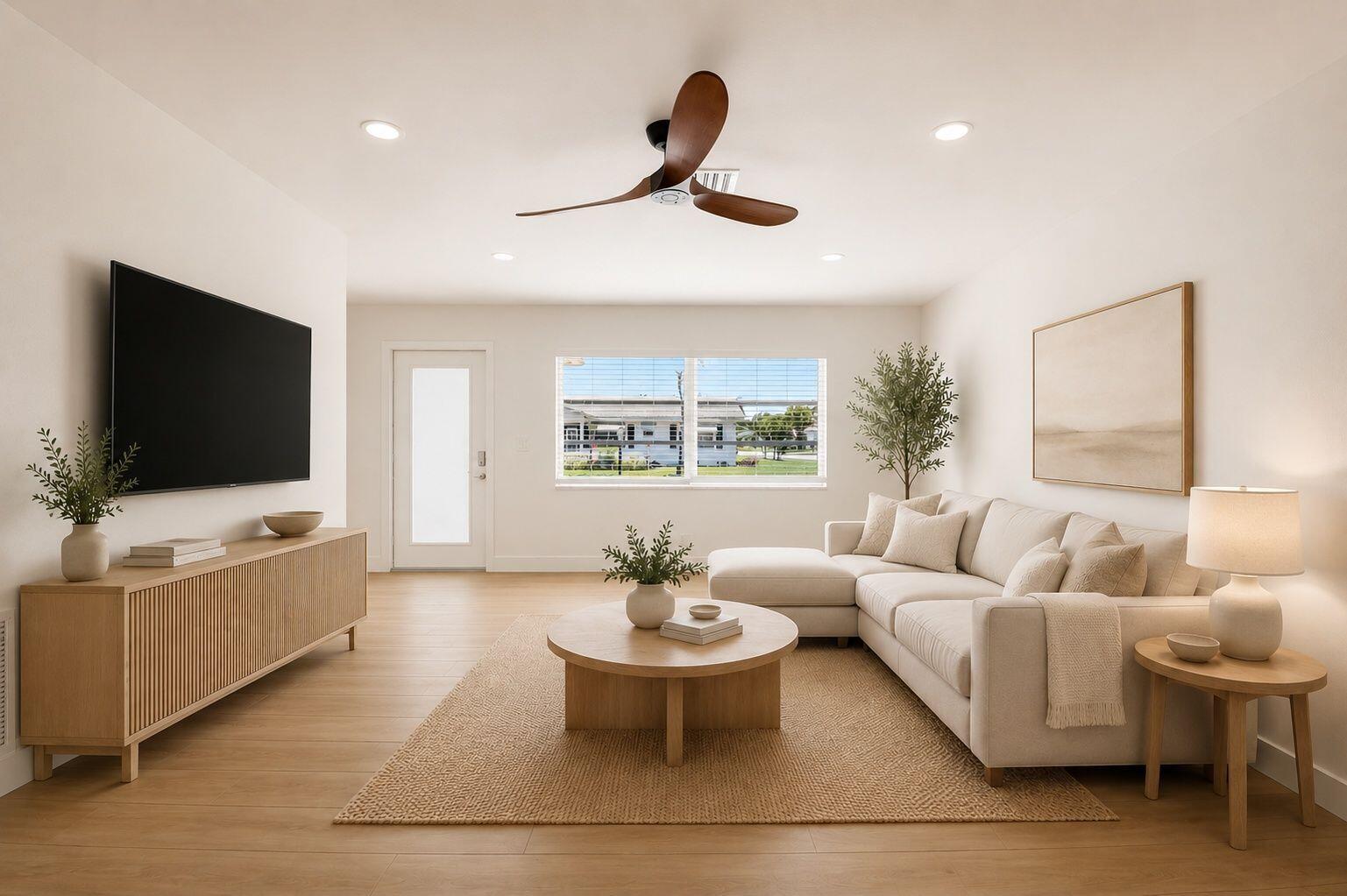 A bright living room features a sectional sofa, wooden coffee table, and a ceiling fan — 1213 SW 20th Avenue, Boynton Beach FL 33426, BOYNTON BEACH, FL