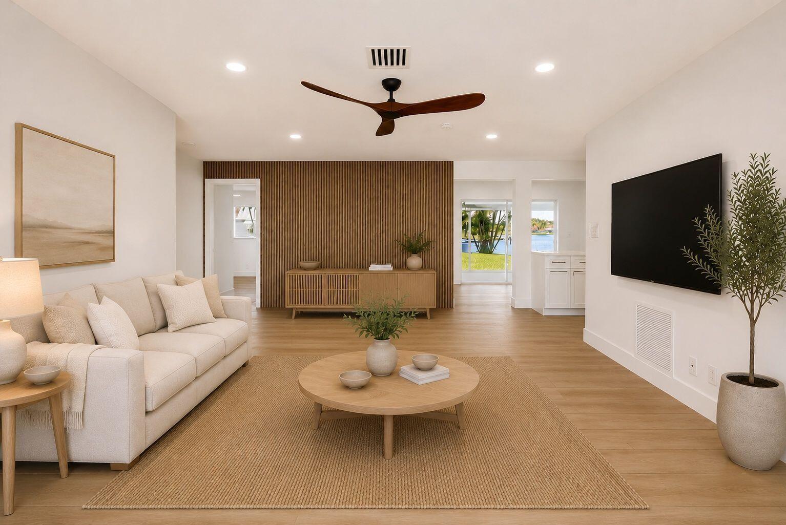 A living room features a slatted wood accent wall, a beige sofa, and a round table — 1213 SW 20th Avenue, Boynton Beach FL 33426, BOYNTON BEACH, FL
