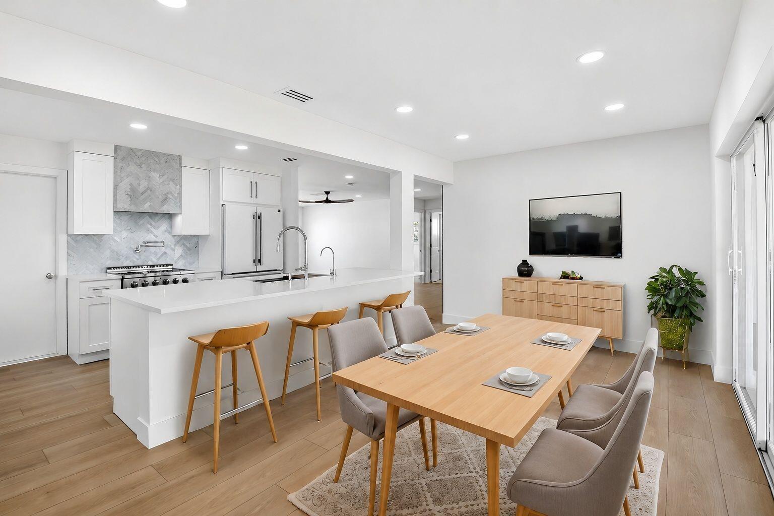 A modern open-concept kitchen and dining area with white cabinetry, light wood floors, and furniture — 1213 SW 20th Avenue, Boynton Beach FL 33426, BOYNTON BEACH, FL