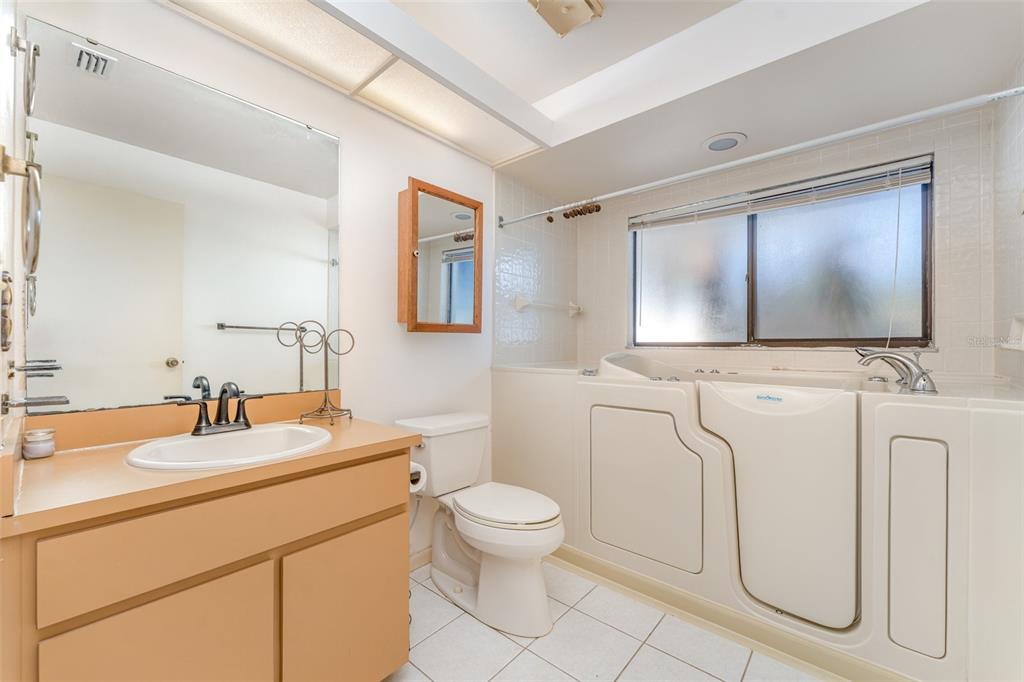 A bathroom features a vanity, a toilet, and a white walk-in bathtub under a window — 4240 CREEKWOOD LANE, MULBERRY, FL