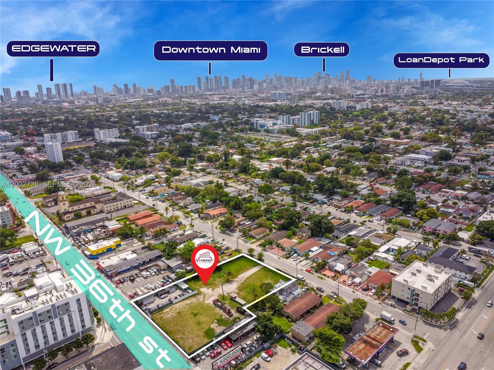 An aerial view shows a vacant rectangular lot outlined in white in a city neighborhood — 2140 NW 36th St, Miami FL 33142, MIAMI, FL