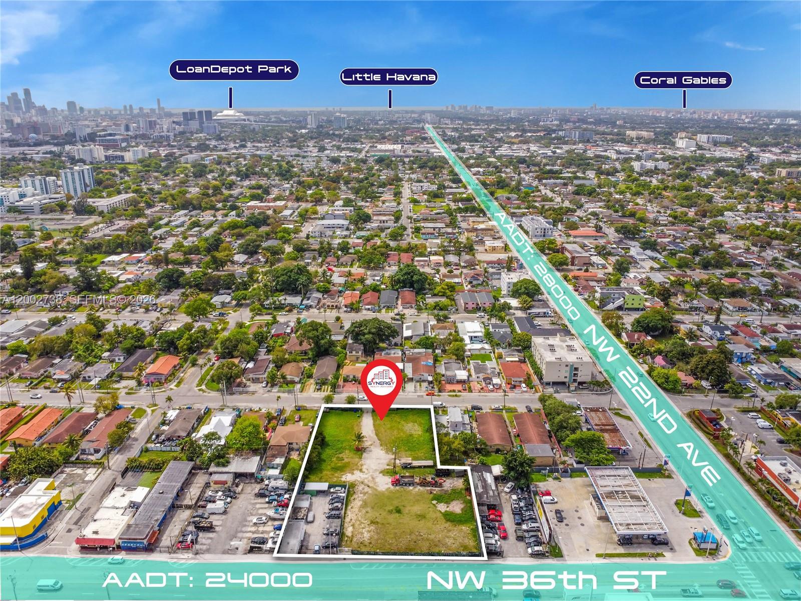 This aerial view shows a vacant, rectangular lot situated at a street intersection — 2140 NW 36th St, Miami FL 33142, MIAMI, FL