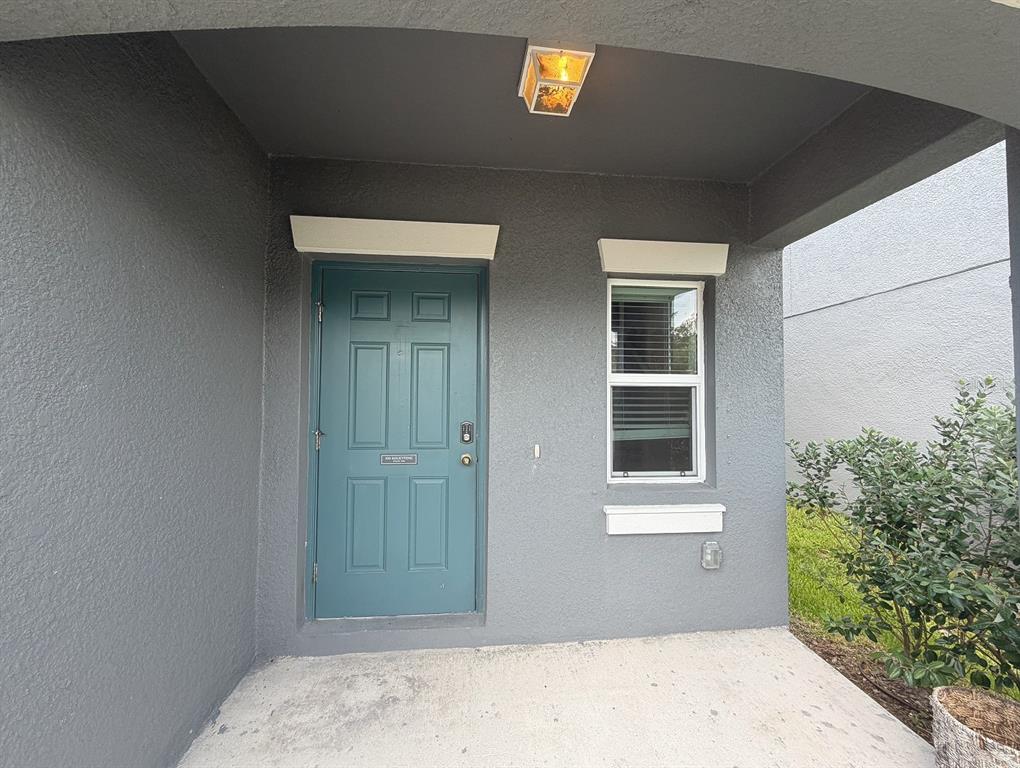 A teal front door and a single window are set into a gray stucco exterior — 2122 STELLAR BRILLIANCE WAY, LUTZ, FL