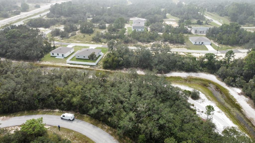 An aerial view shows a residential street with several houses surrounded by wooded areas — 1255 BALTIC DRIVE, POINCIANA, FL