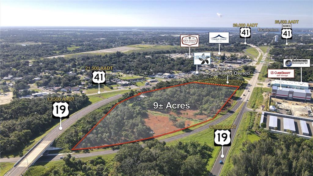 An aerial view shows a 9-acre plot of land bordered by two highways — 3945 US-41 N, PALMETTO, FL
