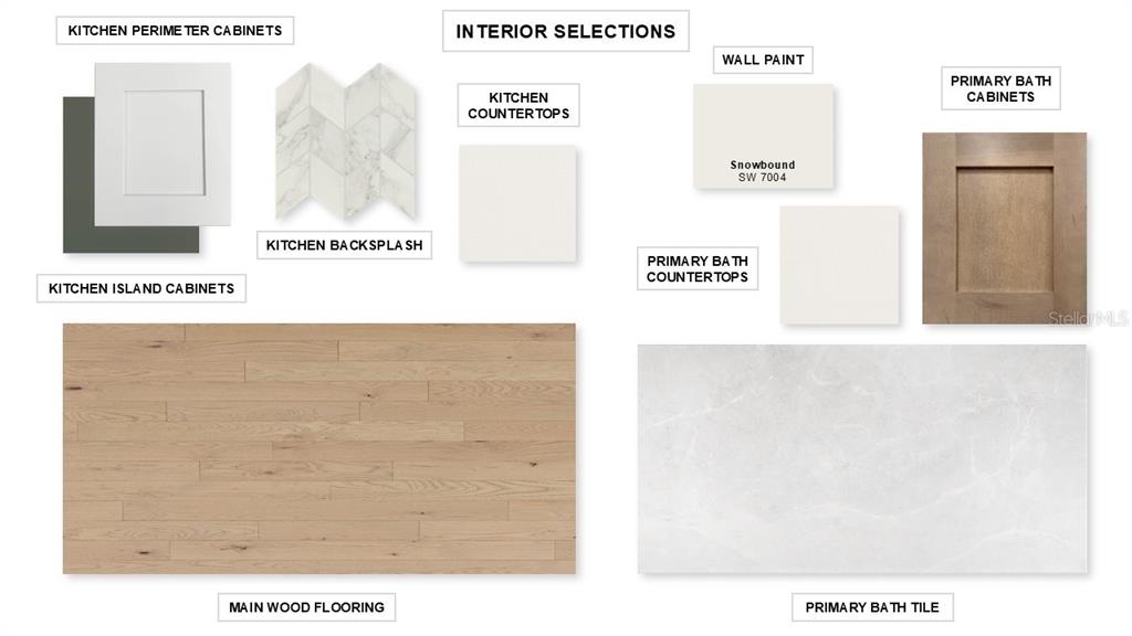 This interior design mood board displays samples of flooring, cabinetry, countertops, tile, and wall paint — 4011 COUNTRY VIEW COURT, BRADENTON, FL