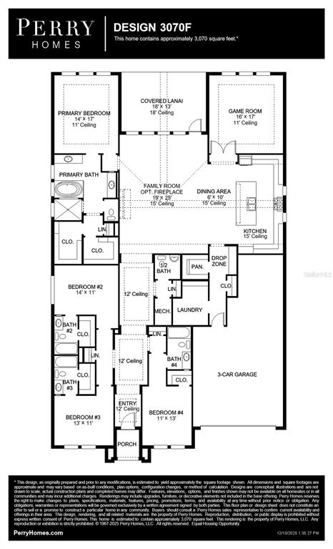 This floor plan shows a four-bedroom home with a three-car garage and a covered lanai — 4011 COUNTRY VIEW COURT, BRADENTON, FL