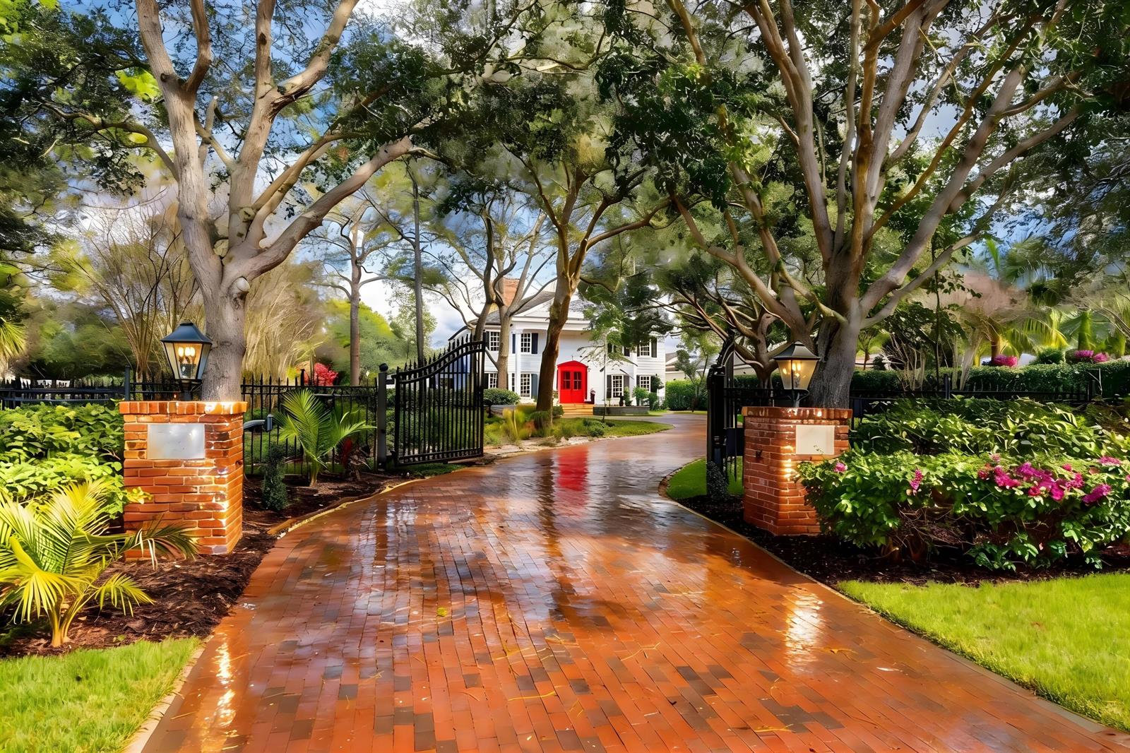 A brick driveway leads through an open gate toward a white house with a red door — 19153 SE Jupiter River Drive, Jupiter FL 33458, JUPITER, FL