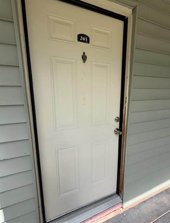 A white front door with the number 245 is set within light green horizontal siding — 245 RED MAPLE PLACE, BRANDON, FL