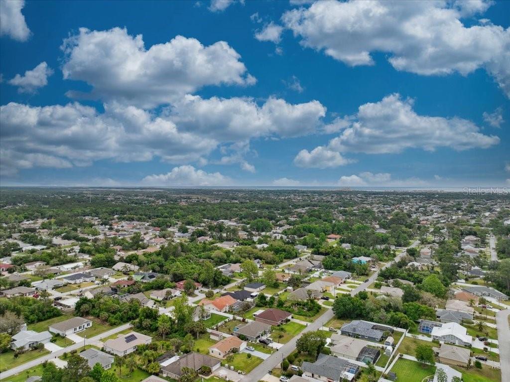 An aerial view shows a suburban neighborhood with houses, green trees, and a distant horizon — 20 FORSYTHE LANE, PALM COAST, FL