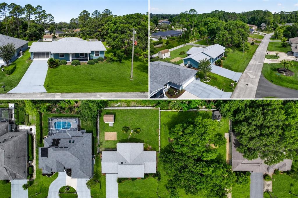 This composite image shows aerial views of a blue house with a large yard — 46 WOOD CEDAR DRIVE, PALM COAST, FL