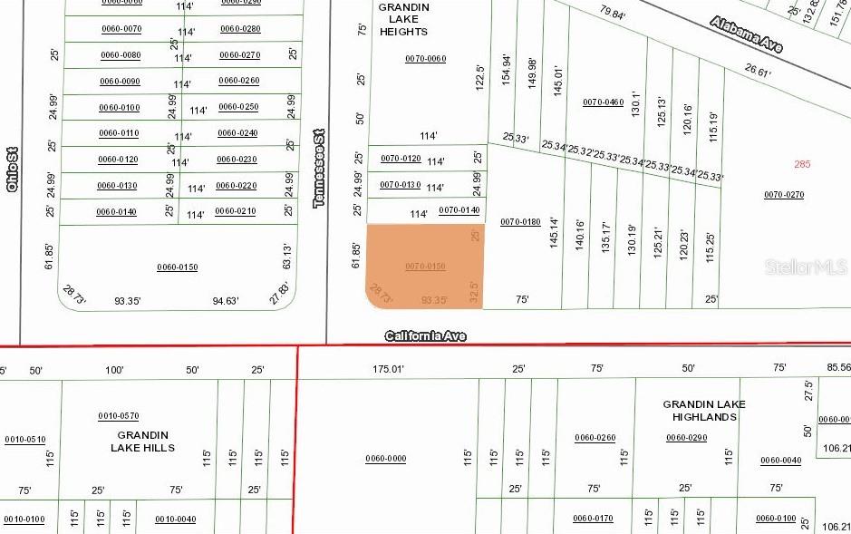This is a tax map showing property lot lines and dimensions in a residential area — 304 CALIFORNIA AVENUE, INTERLACHEN, FL