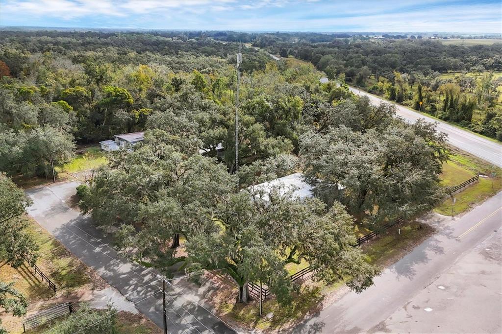 An aerial view shows a house nestled among large oak trees with a tall antenna tower — 37220 GLENWOOD AVENUE, MYAKKA CITY, FL