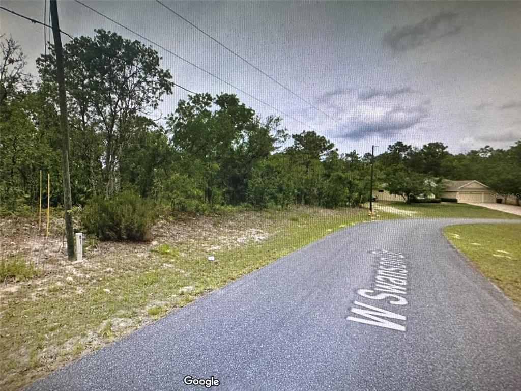A paved road curves past a wooded, undeveloped residential lot with a utility pole — 2466 W SWANSON DRIVE, CITRUS SPRINGS, FL