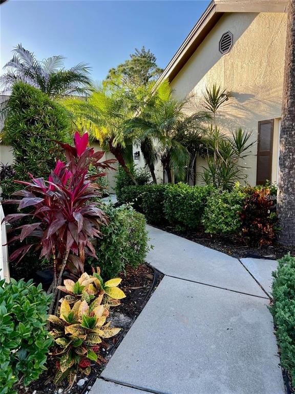 A concrete walkway leads to the entrance of a house surrounded by lush landscaping — 7186 LAKESIDE DRIVE, SARASOTA, FL