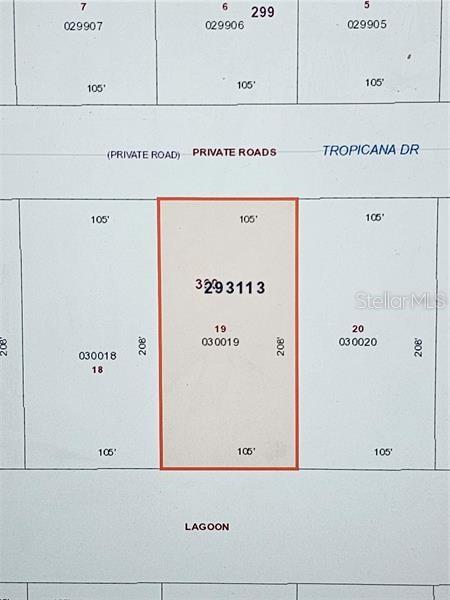 This is a plat map showing a rectangular parcel of land labeled as lot 19 — 1011 TROPICANA DRIVE, INDIAN LAKE ESTATES, FL