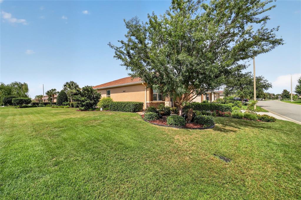 A tan house with a large tree and landscaped garden sits on a grassy lot — 10119 SW 88TH STREET, OCALA, FL