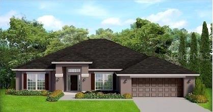 A digital rendering of a single-story suburban house with a dark roof and garage — 5485 RHAPSODY AVE., NORTH PORT, FL