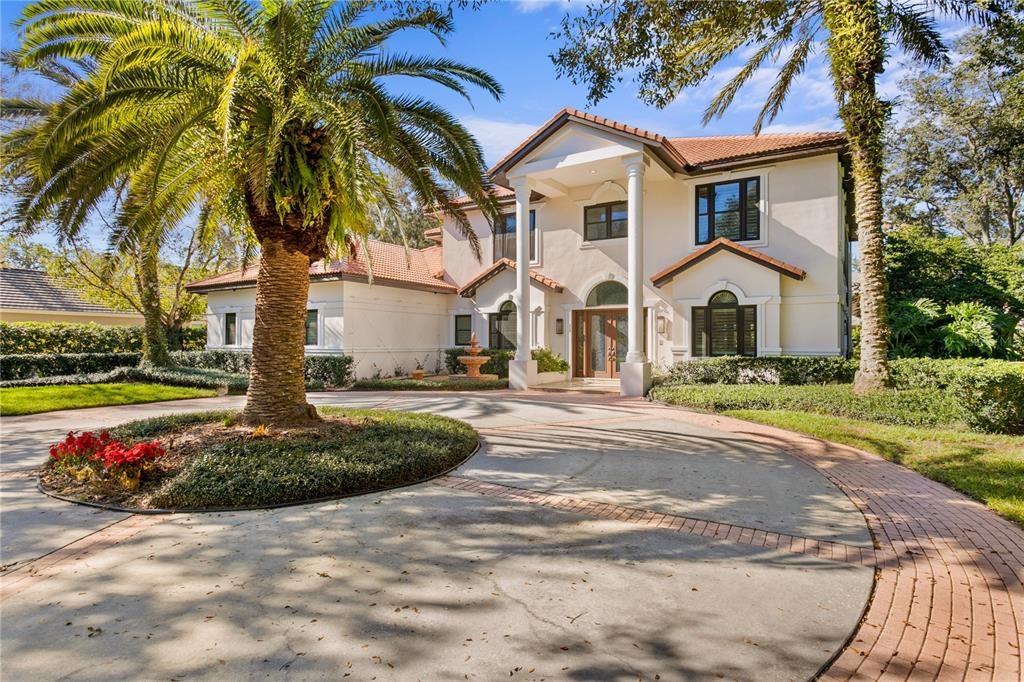 A two-story stucco house with a circular driveway, palm trees, and a tiled roof — 17027 CANDELEDA DE AVILA, TAMPA, FL