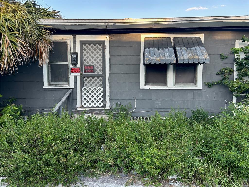 The exterior of a gray, single-story house features an overgrown yard and a screen door — 877 22ND AVENUE S, ST PETERSBURG, FL