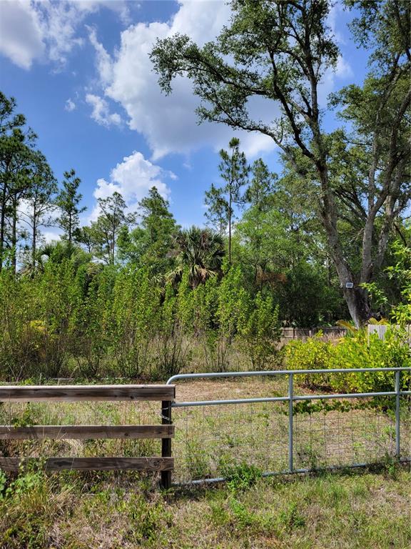 A wooden and metal fence borders a grassy lot with trees and shrubs — 1231 RAMUS STREET E, LEHIGH ACRES, FL