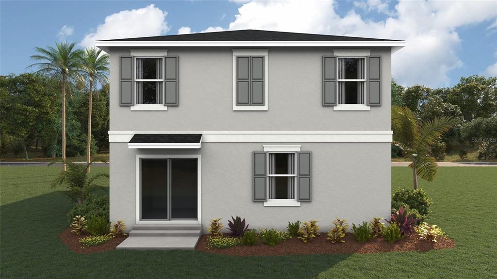 A digital rendering of the rear exterior of a two-story house with gray stucco siding — 2951 FAIRFIELD AVENUE S, ST PETERSBURG, FL