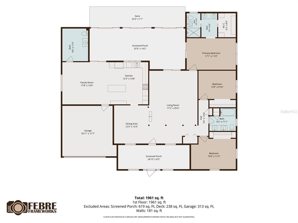 This is a floor plan of a house featuring three bedrooms, a garage, and porches — 503 ROLLINGVIEW DRIVE, TEMPLE TERRACE, FL