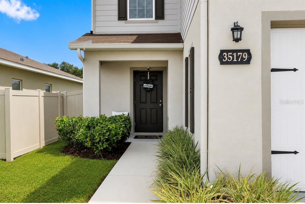 The exterior of a house features a black front door, a walkway, and landscaping — 35179 BRIENNE STREET, ZEPHYRHILLS, FL