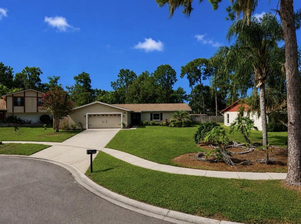 A single-story house with a two-car garage and a large front lawn under a blue sky — 1005 HIGHGROVE COURT, VALRICO, FL