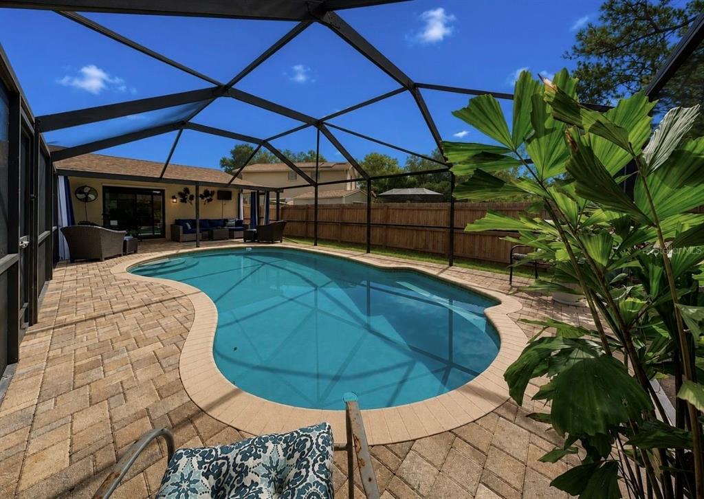 A screened-in patio features a kidney-shaped swimming pool surrounded by tan brick pavers — 1005 HIGHGROVE COURT, VALRICO, FL