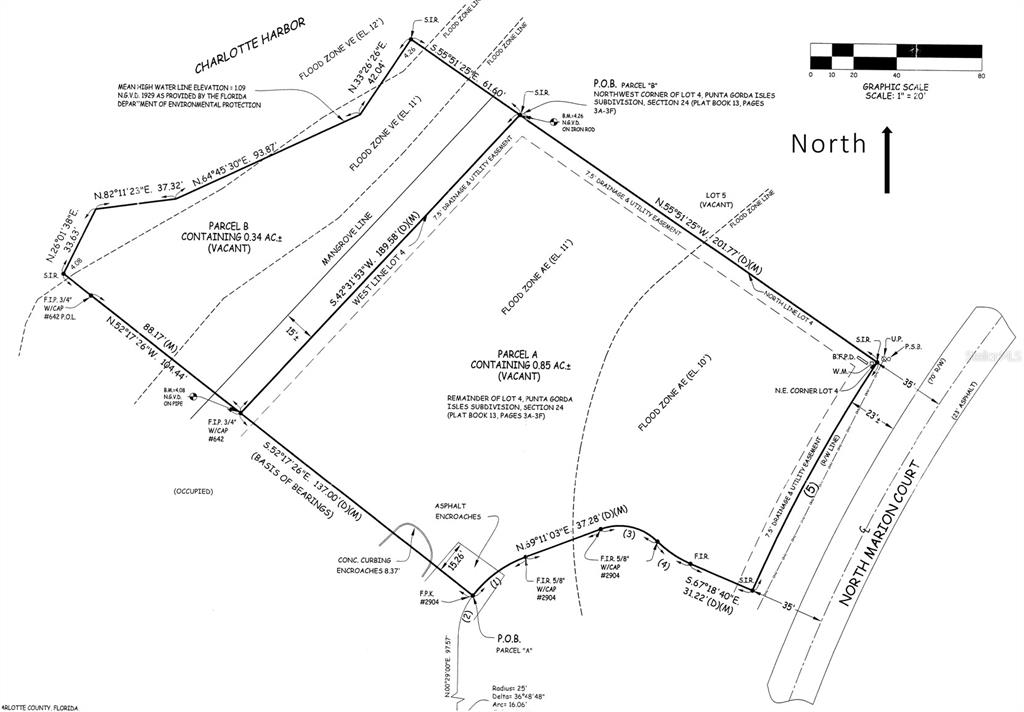 This is a land survey map showing the property boundaries and easements for two vacant parcels — 99 N MARION COURT, PUNTA GORDA, FL