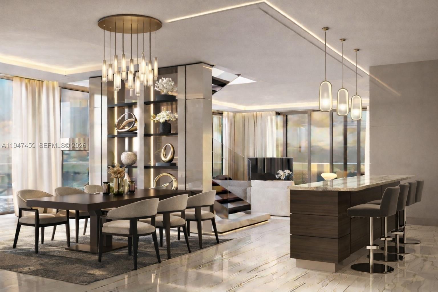 This is a rendering of a modern dining room and kitchen area with marble flooring — 3319 N Ocean Drive, Hollywood FL 33019, HOLLYWOOD, FL