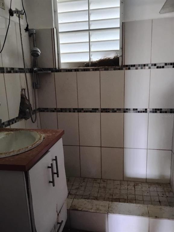 A bathroom features a tiled walk-in shower, a vanity with a sink, and a louvered window — 344 CARR NUEVA BO JAGUITAS, HORMIGUEROS, PR