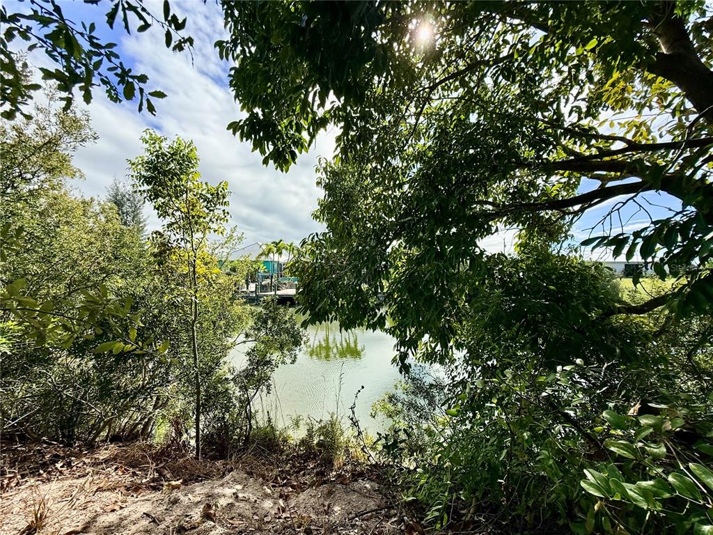 A view of a small pond framed by trees with a dock visible in the distance — 418 NW 14TH TERRACE, CAPE CORAL, FL