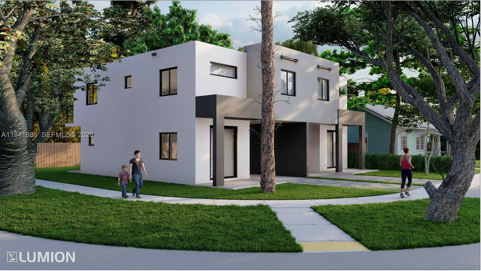 This is a rendering of a modern two-story duplex with a gray and white facade — 55-53 NE 60th ST, Miami FL 33137, MIAMI, FL
