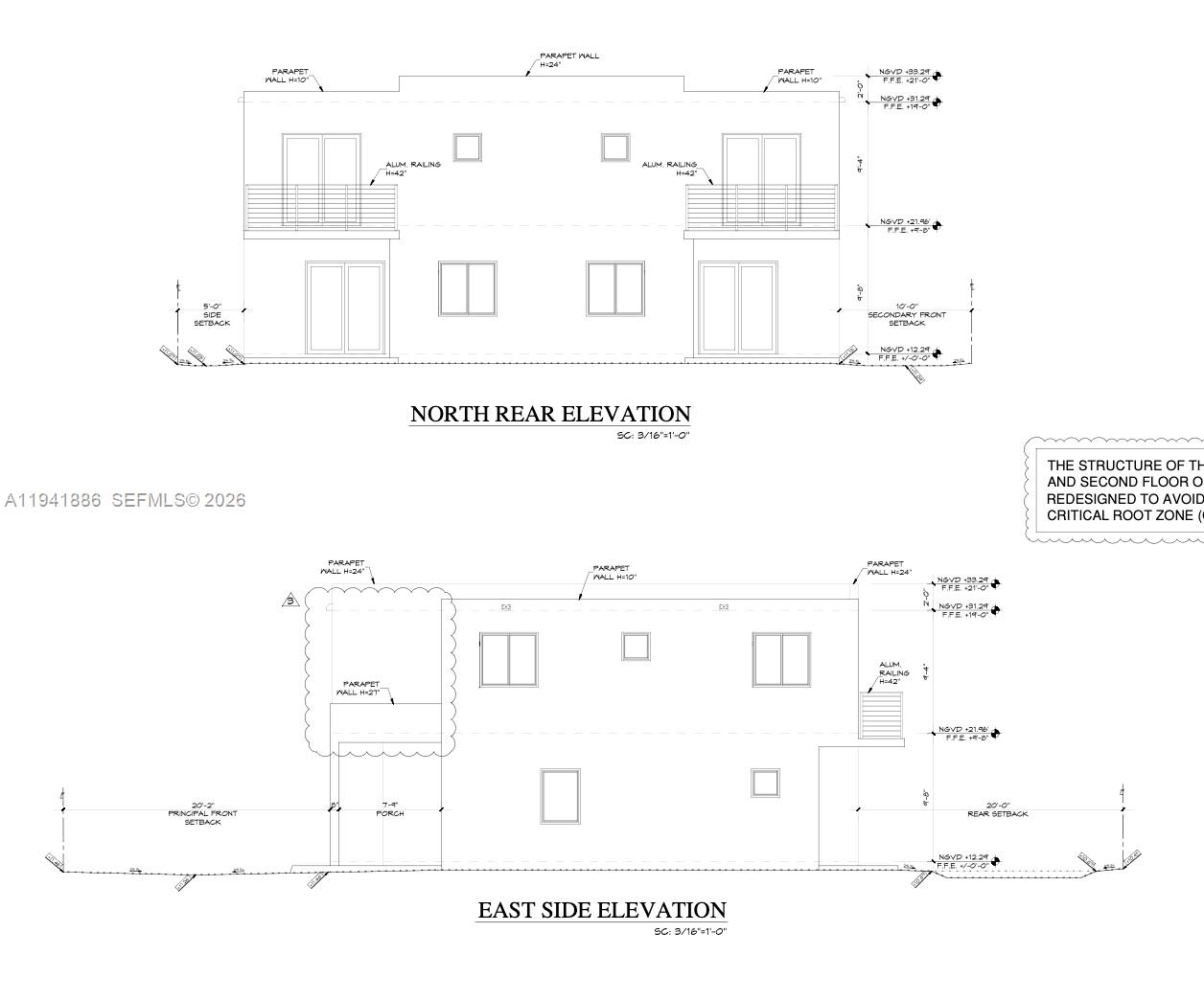 A two-story white modern duplex under construction sits among trees on a dirt lot — 55-53 NE 60th ST, Miami FL 33137, MIAMI, FL