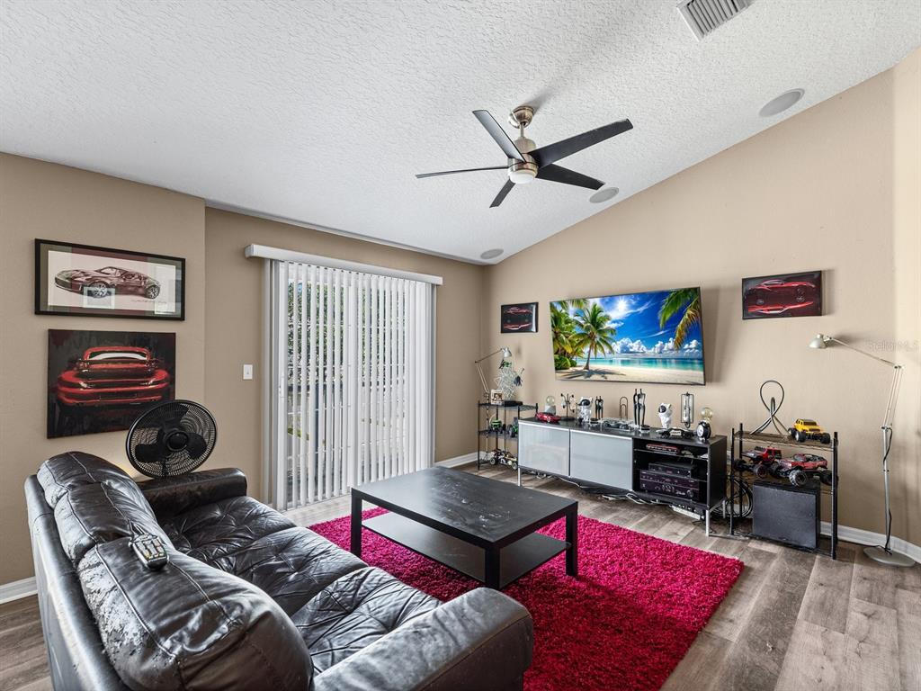 A living room features a black leather sofa, a pink rug, and a wall-mounted television — 6774 BREEZY PALM DRIVE, RIVERVIEW, FL