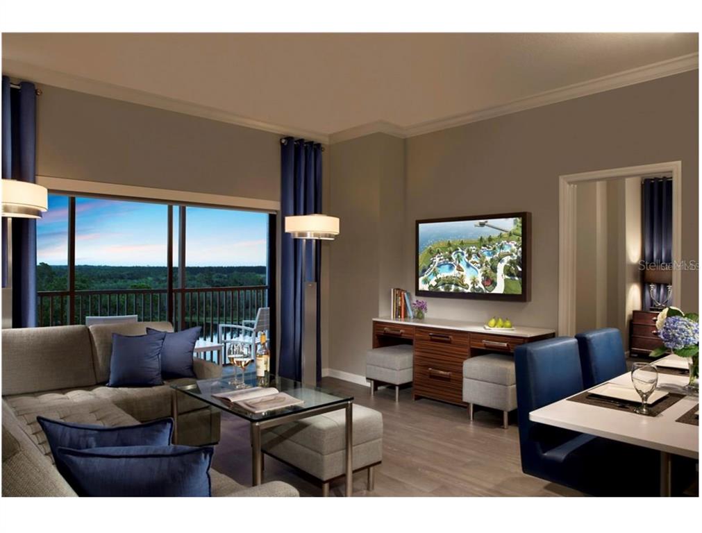 This rendering shows a modern living room with a sofa, dining area, and balcony view — 14501 GROVE RESORT AVENUE UNIT 1237, WINTER GARDEN, FL