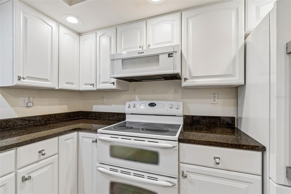 A kitchen with white cabinets, dark granite countertops, and white appliances — 10387 CARROLLWOOD LANE UNIT 303, TAMPA, FL