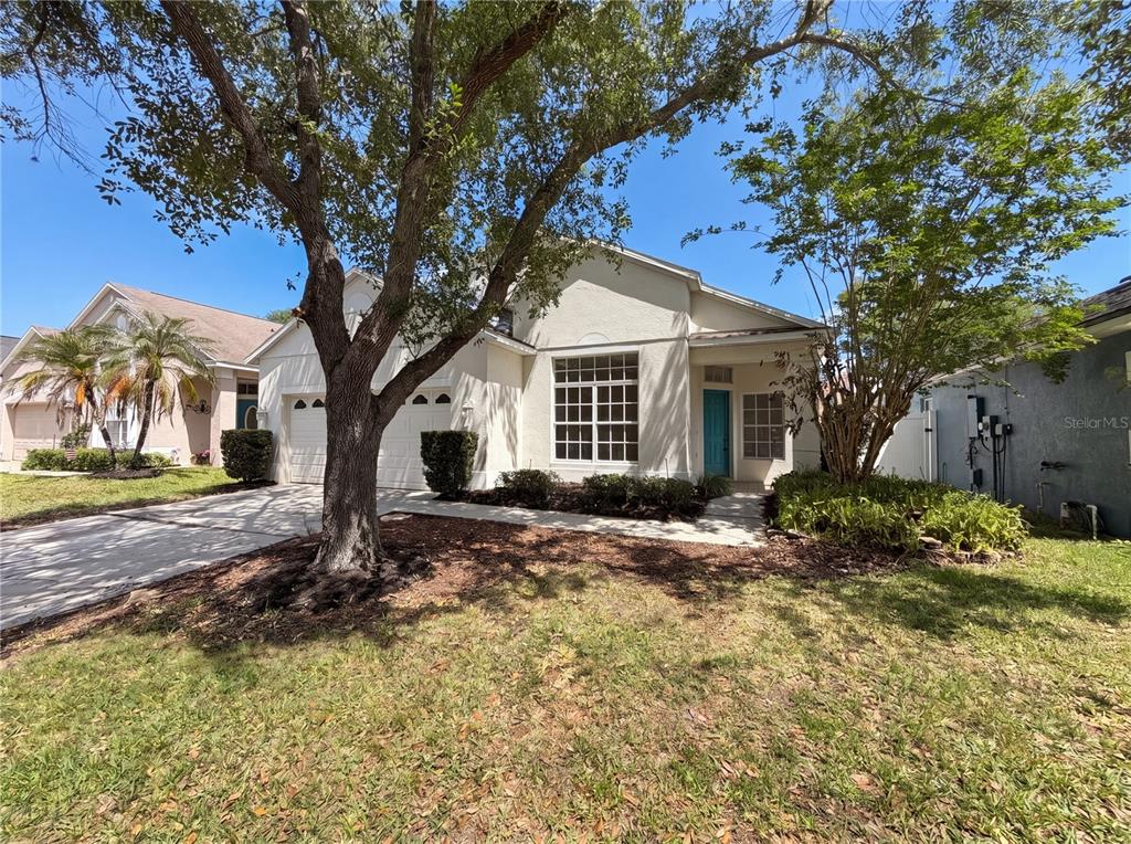 A single-story house with a two-car garage, a large tree, and a turquoise front door — 6202 LIGHTNER DRIVE, ORLANDO, FL