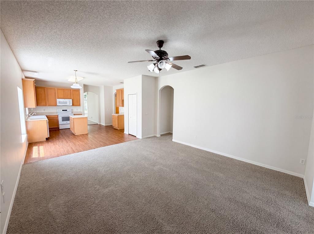 An open-concept living room with carpeted flooring transitions into a kitchen with wood cabinets — 6202 LIGHTNER DRIVE, ORLANDO, FL