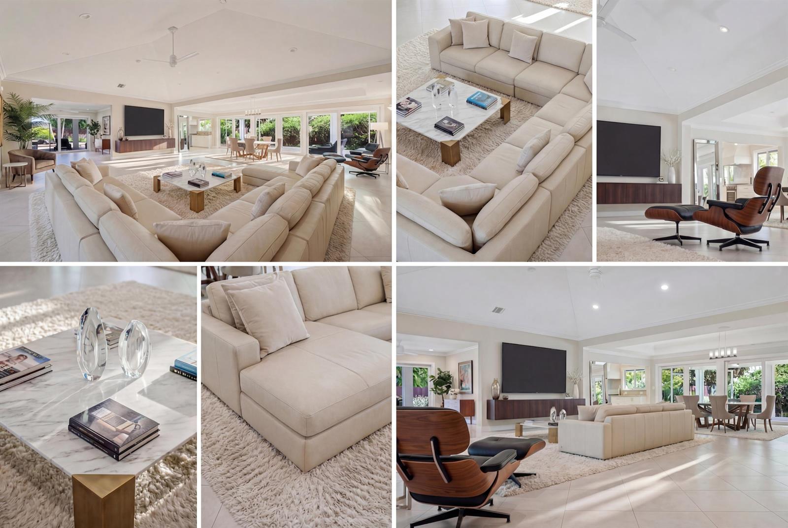 A bright, open-concept living room features a large sectional sofa, marble coffee table, and lounge chair — 4535 Oak Tree Court, Delray Beach FL 33445, DELRAY BEACH, FL