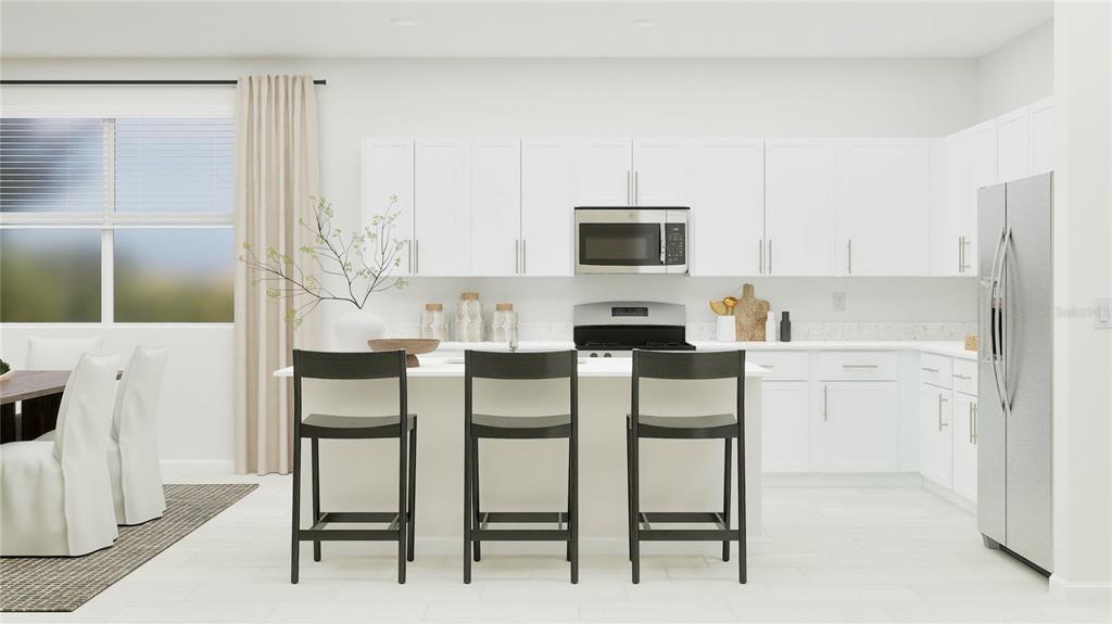 This is a digital rendering of a modern kitchen featuring white cabinets and a breakfast island — 18237 PLEASANTVIEW BOULEVARD, LAND O LAKES, FL