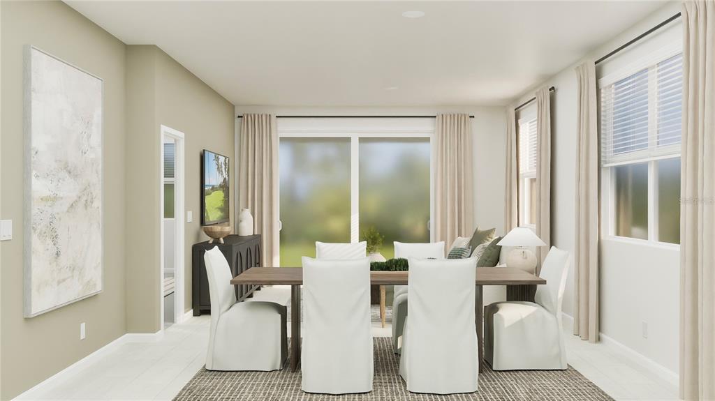 This is a digital rendering of a dining room with white slipcovered chairs and sliding doors — 18237 PLEASANTVIEW BOULEVARD, LAND O LAKES, FL